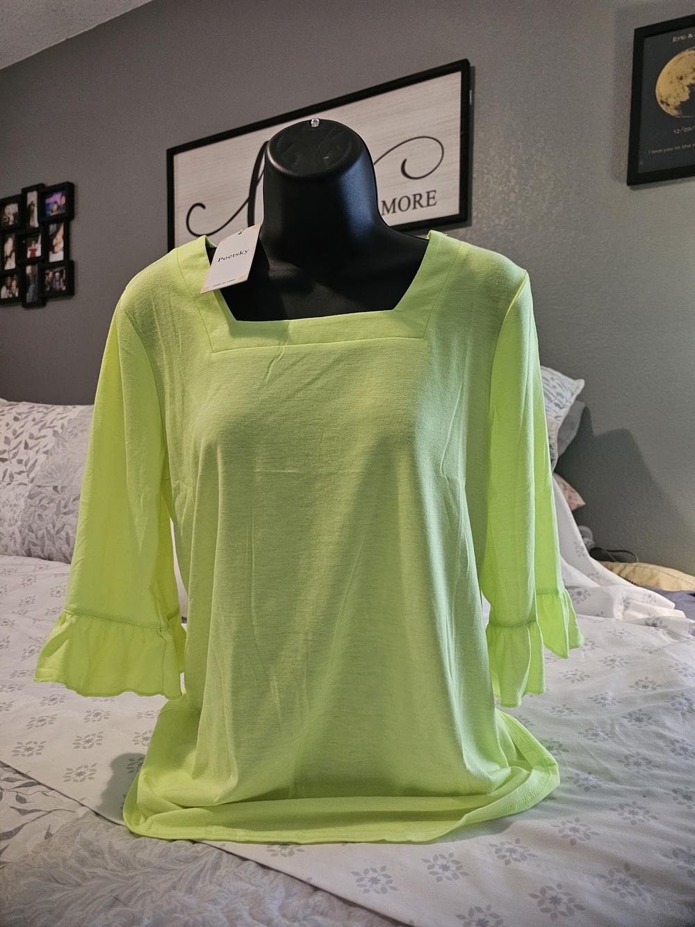 Women’s Square-Neck Ruffle Sleeve Top in Neon Lime